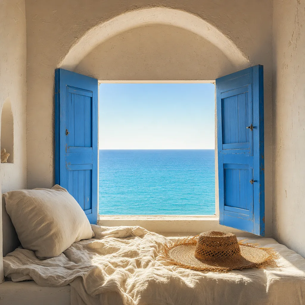 Blue shutters open onto a turquoise sea from a whitewashed room with a linen bed and a straw hat