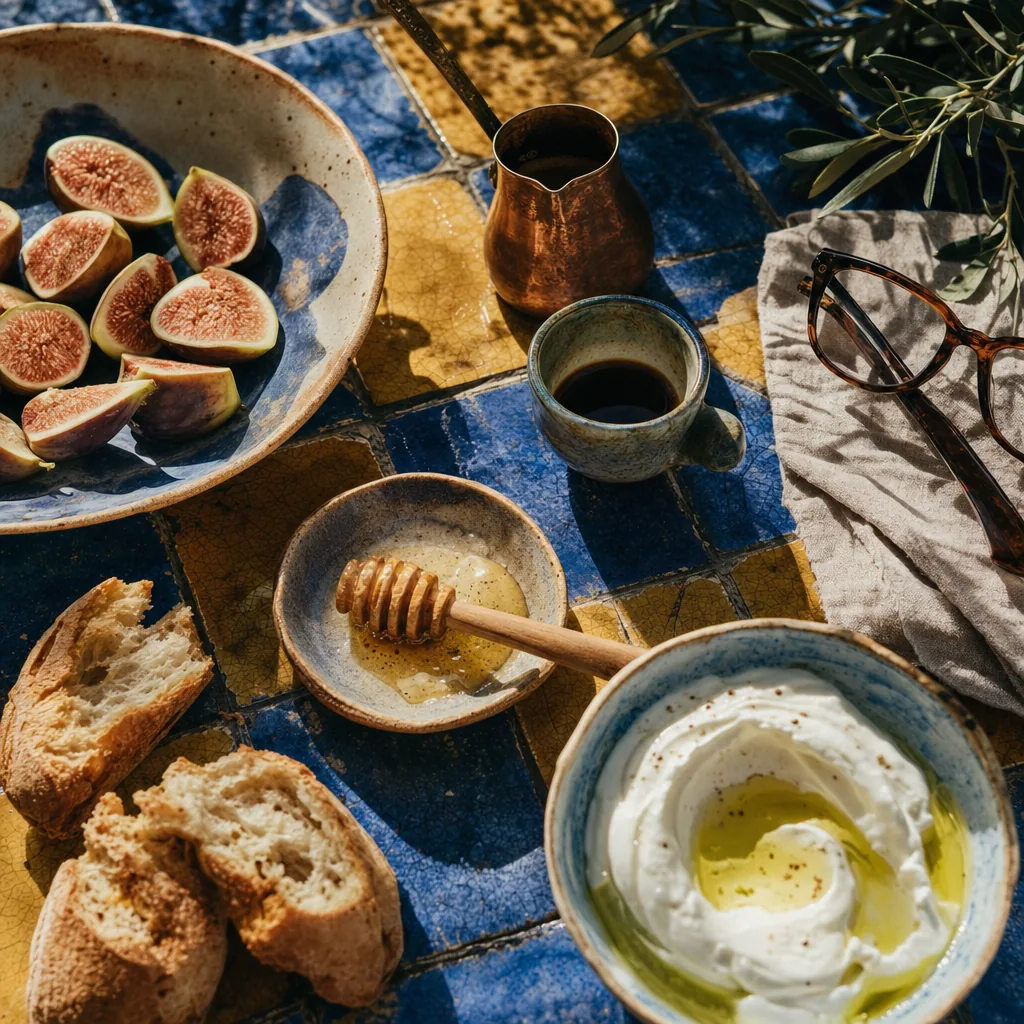 A late breakfast on blue and ochre tiles: figs, bread, honey, yogurt with olive oil and strong coffee
