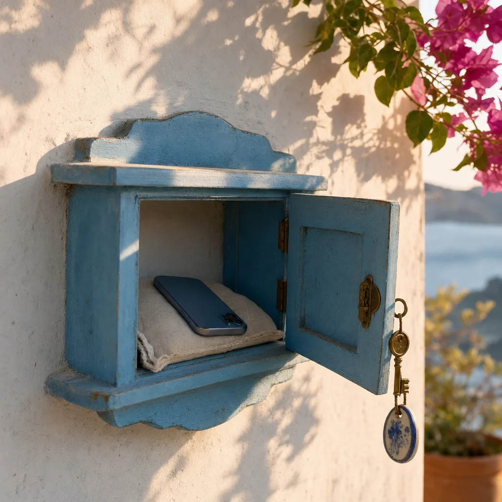 A phone resting on a linen pillow inside the open hand-painted blue wall box, a brass key hanging from its door