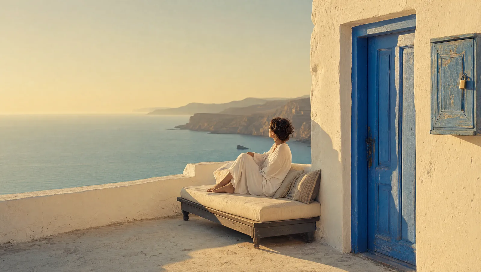 A single figure on a cliffside daybed facing an empty golden horizon, beside a blue door