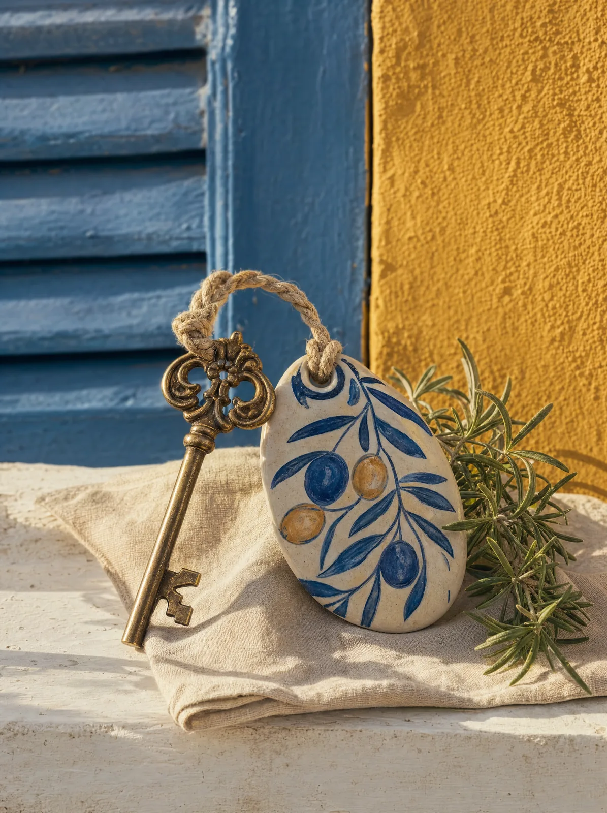A heavy brass guest key tied with linen cord to a blue and ochre olive-branch ceramic fob, on a linen napkin with rosemary