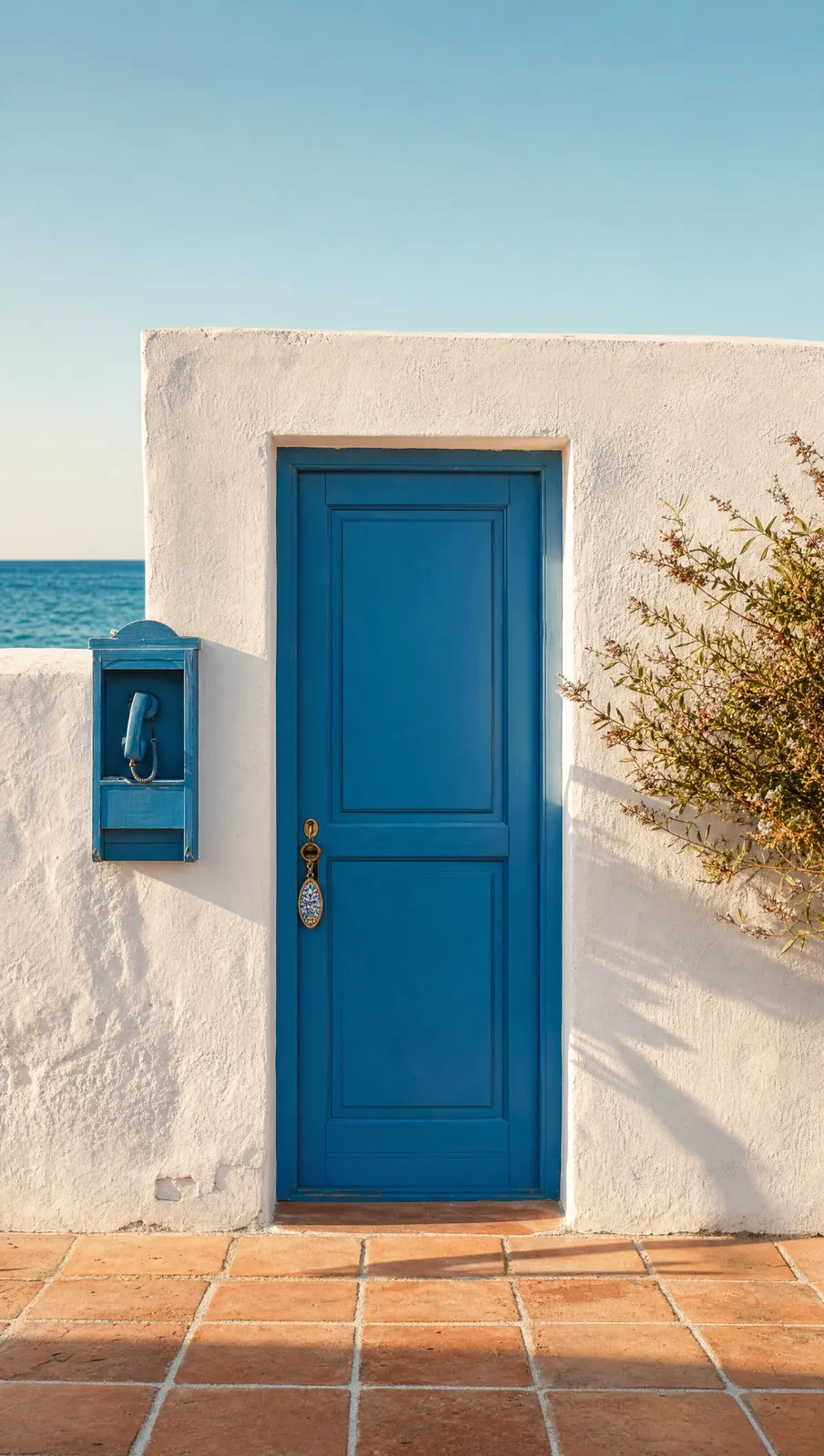 A blue door and a small blue phone box on a whitewashed wall above terracotta tiles