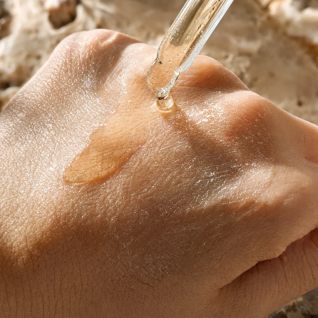 A pipette releasing a golden drop of serum onto the back of a hand