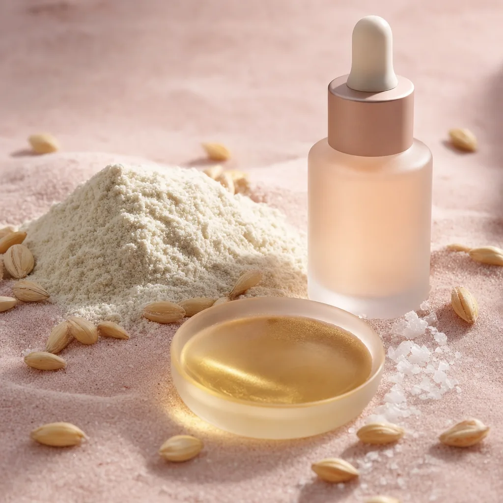 The blush dropper bottle on pink sand beside a mound of oat powder, oat grains and a dish of golden oil