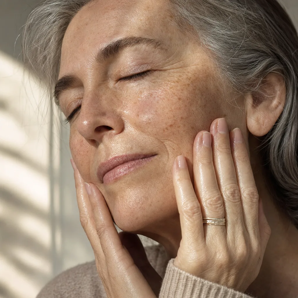 A woman with visible fine lines and freckles pressing serum into her cheek with both palms