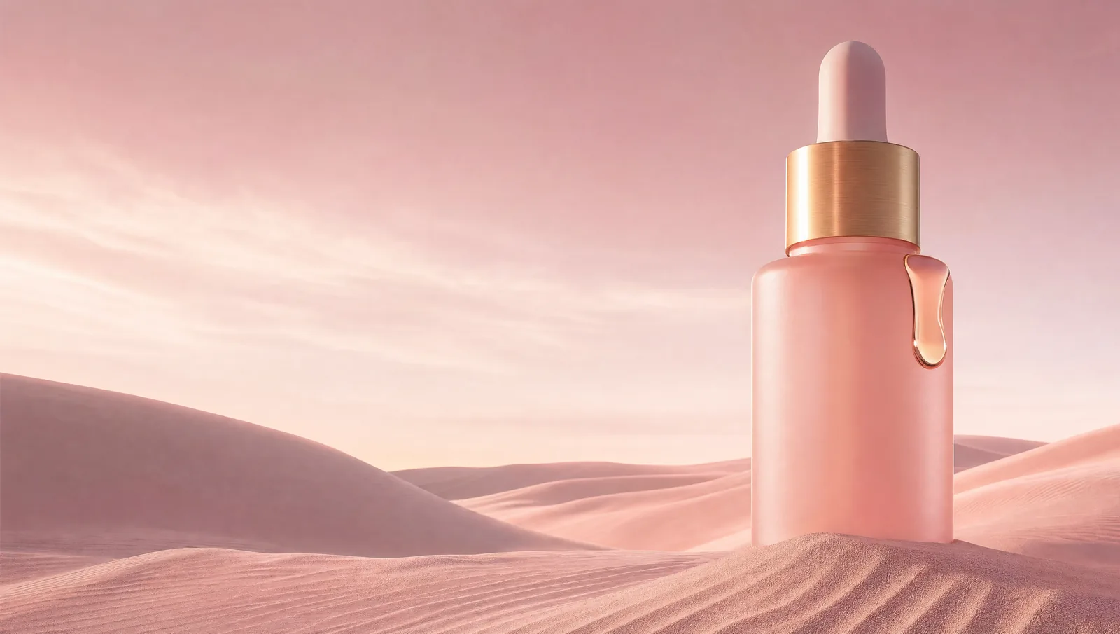 A frosted blush serum bottle towering over pale-pink sand dunes, a golden drop on its shoulder