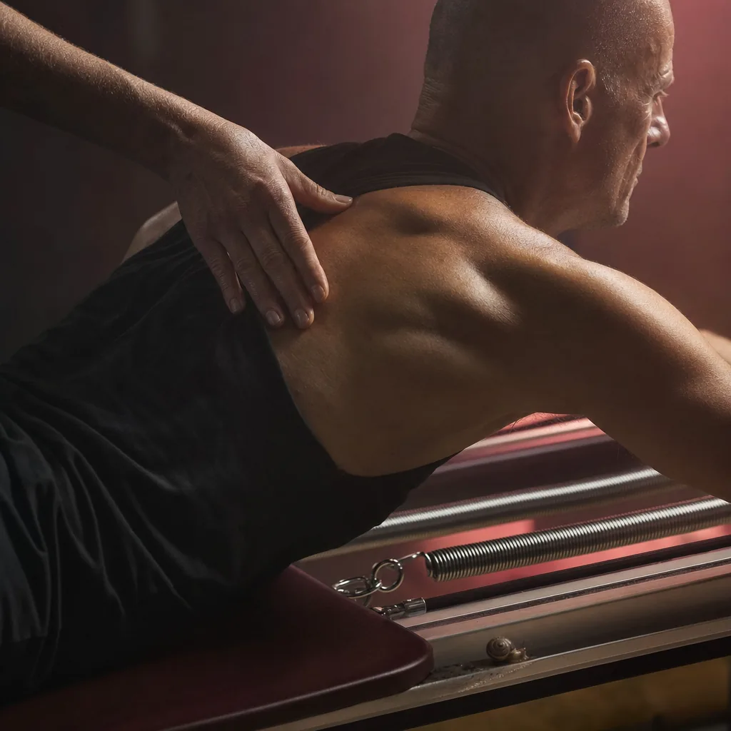 A coach's hand adjusting a member's shoulder mid-rep on the reformer