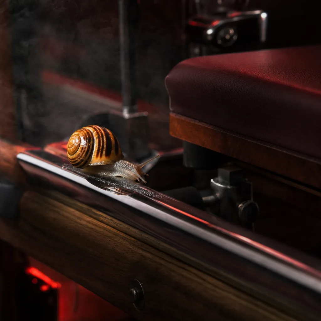 An amber-striped snail crossing the edge of an oxblood reformer under a hard light