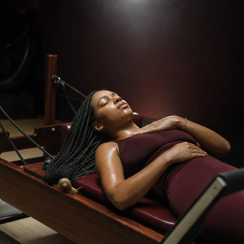 A member resting on a reformer with eyes closed in the dim studio, a snail nearby