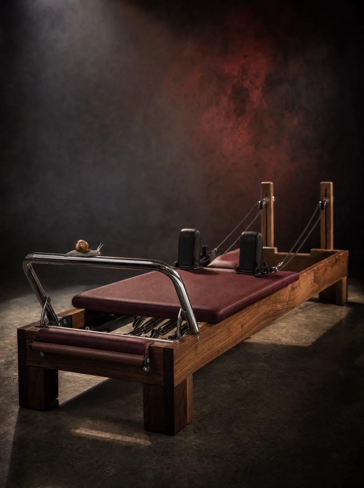 The studio's signature reformer: a walnut frame with an oxblood carriage and chrome springs, a tiny snail on the frame