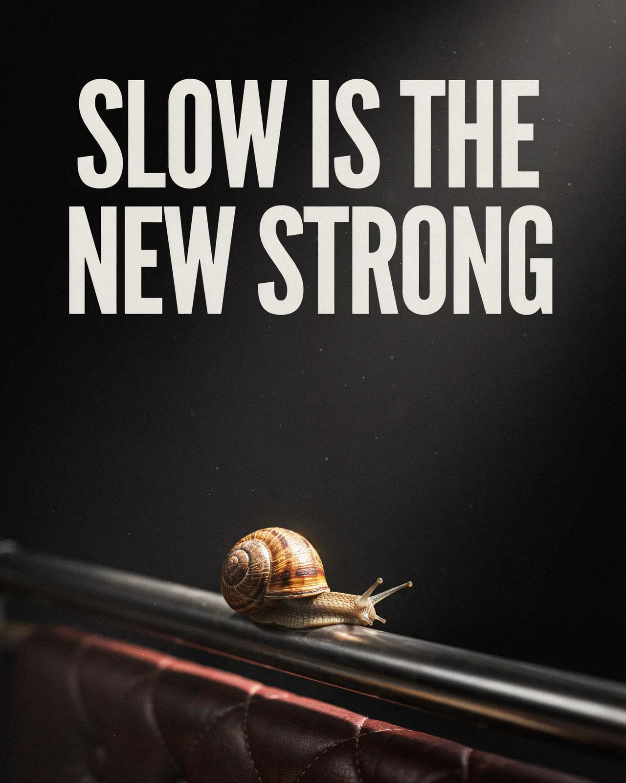 Social post: Slow is the new strong, with a snail on a reformer rail