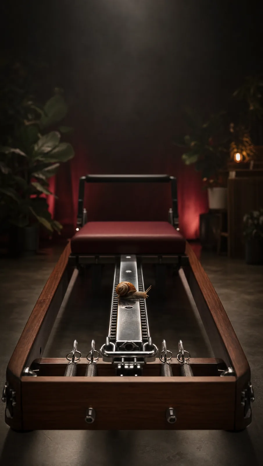 Seen from above: a garden snail gliding along the chrome rail of an oxblood reformer