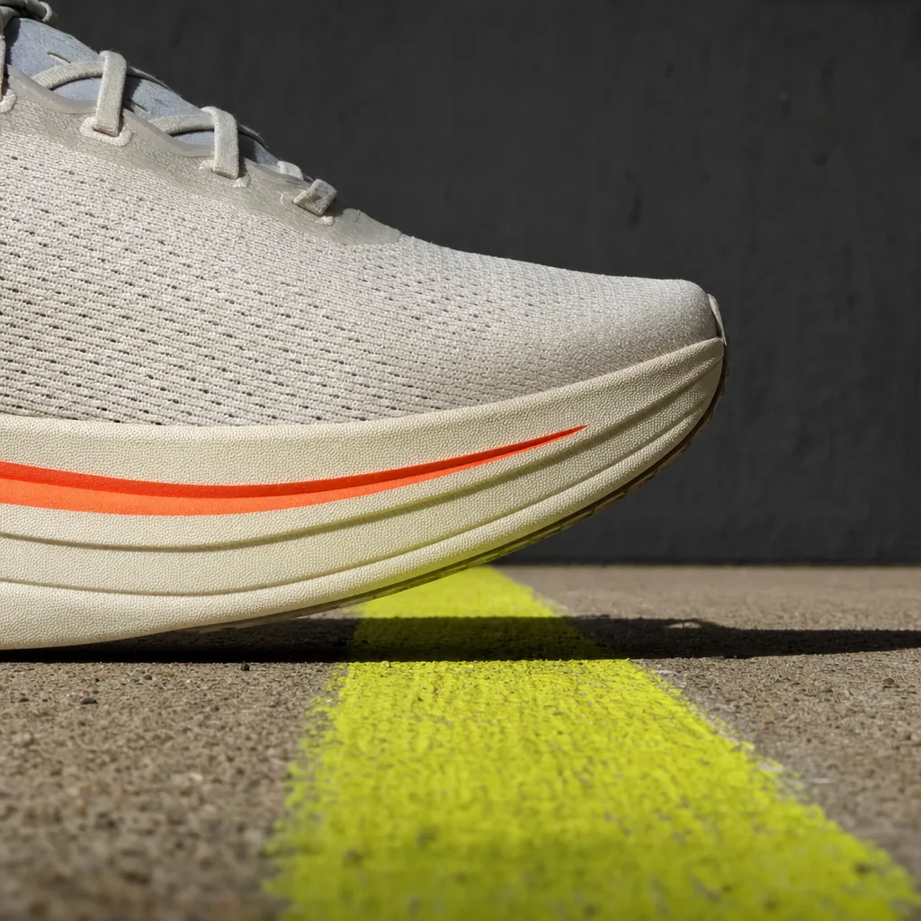 Close-up of the off-white rocker midsole with an orange sidewall stripe landing on a lime line