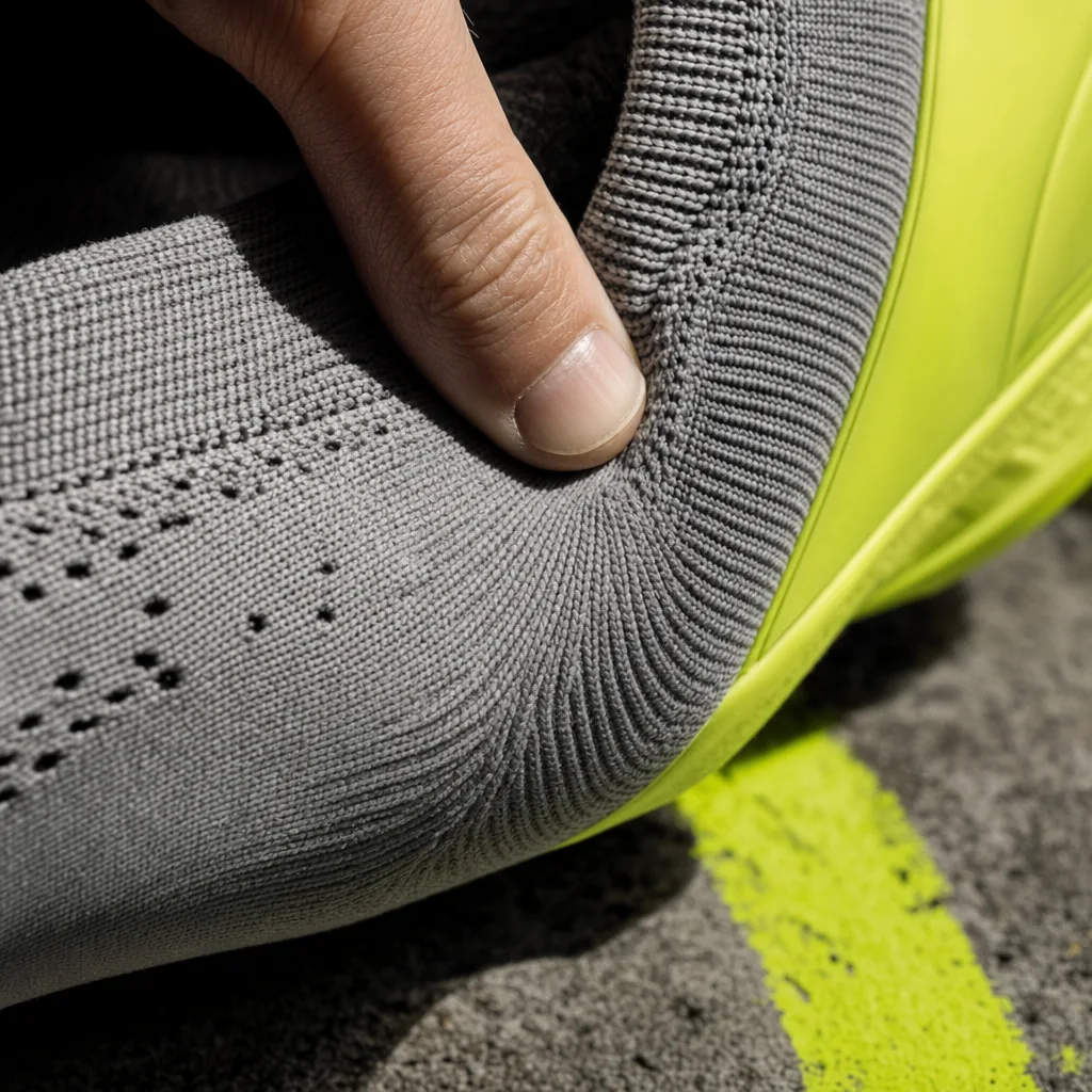 A thumb pressing the seamless grey engineered knit upper beside the lime heel