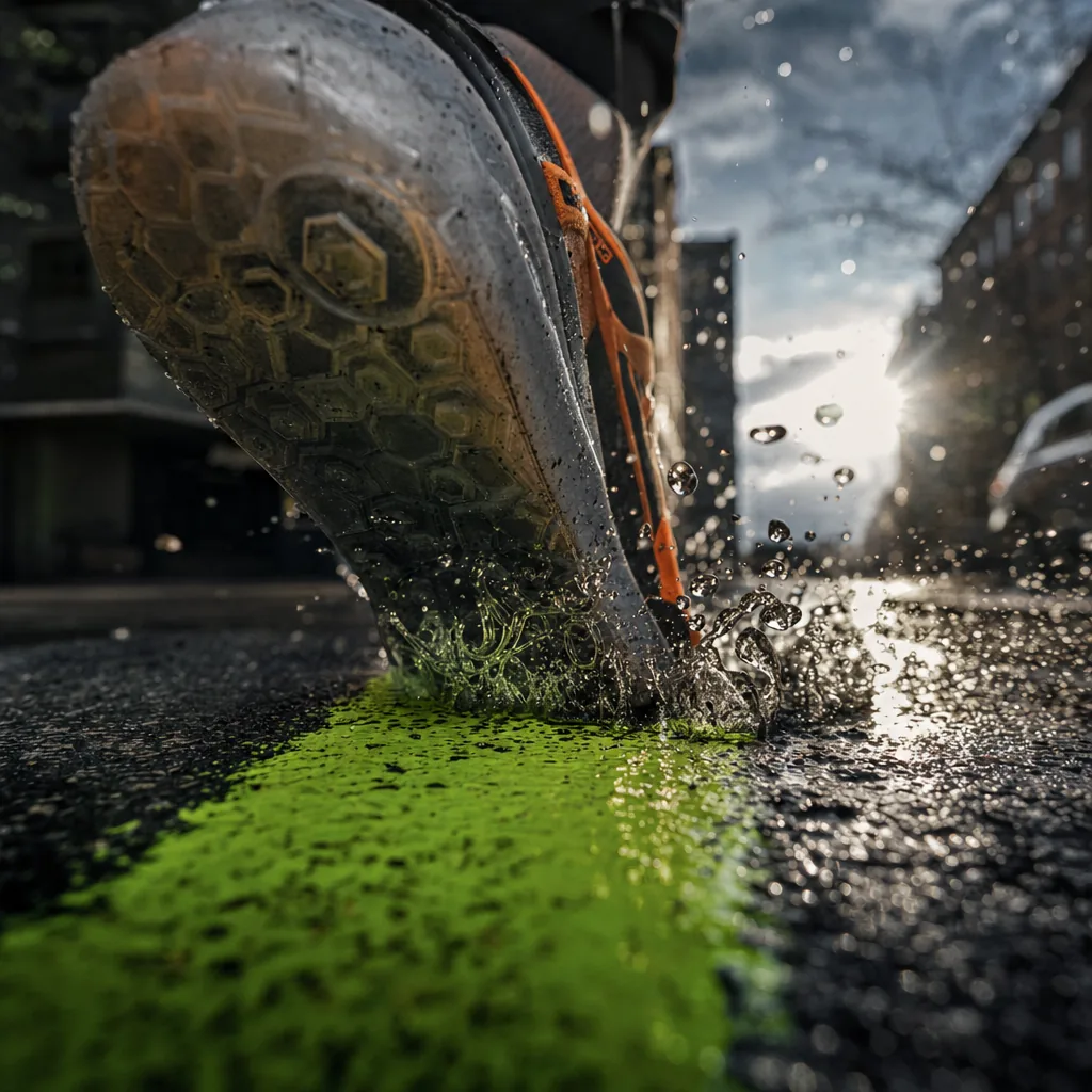 Outsole with hexagonal tread splashing onto a wet painted lime line on asphalt