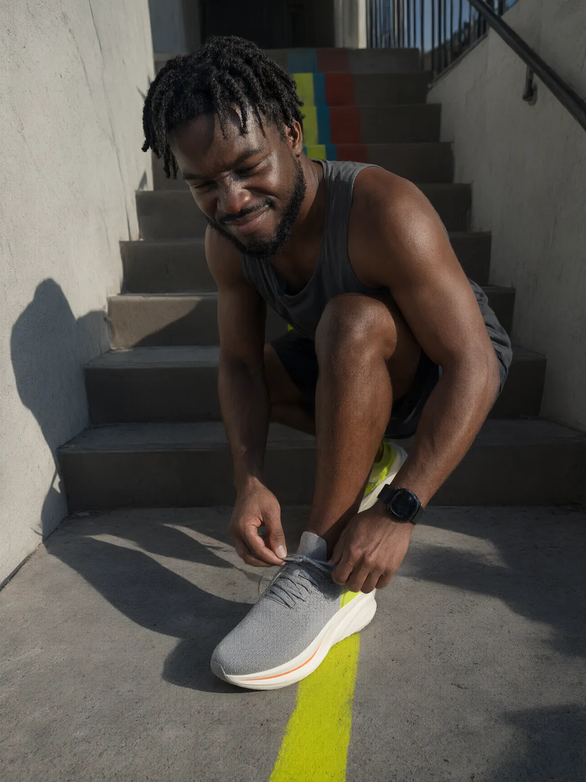 A runner crouches on concrete stairs lacing grey knit shoes, one foot on the lime line