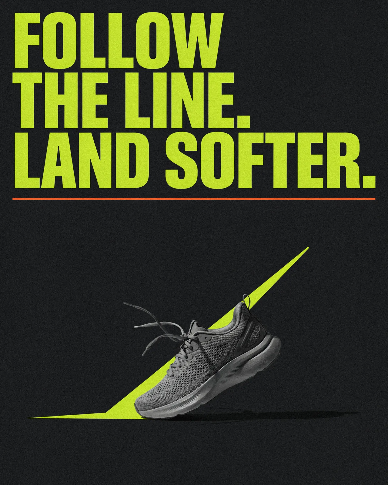 Social post on graphite: 'Follow the line. Land softer.' in lime type above a shoe riding a lime stroke