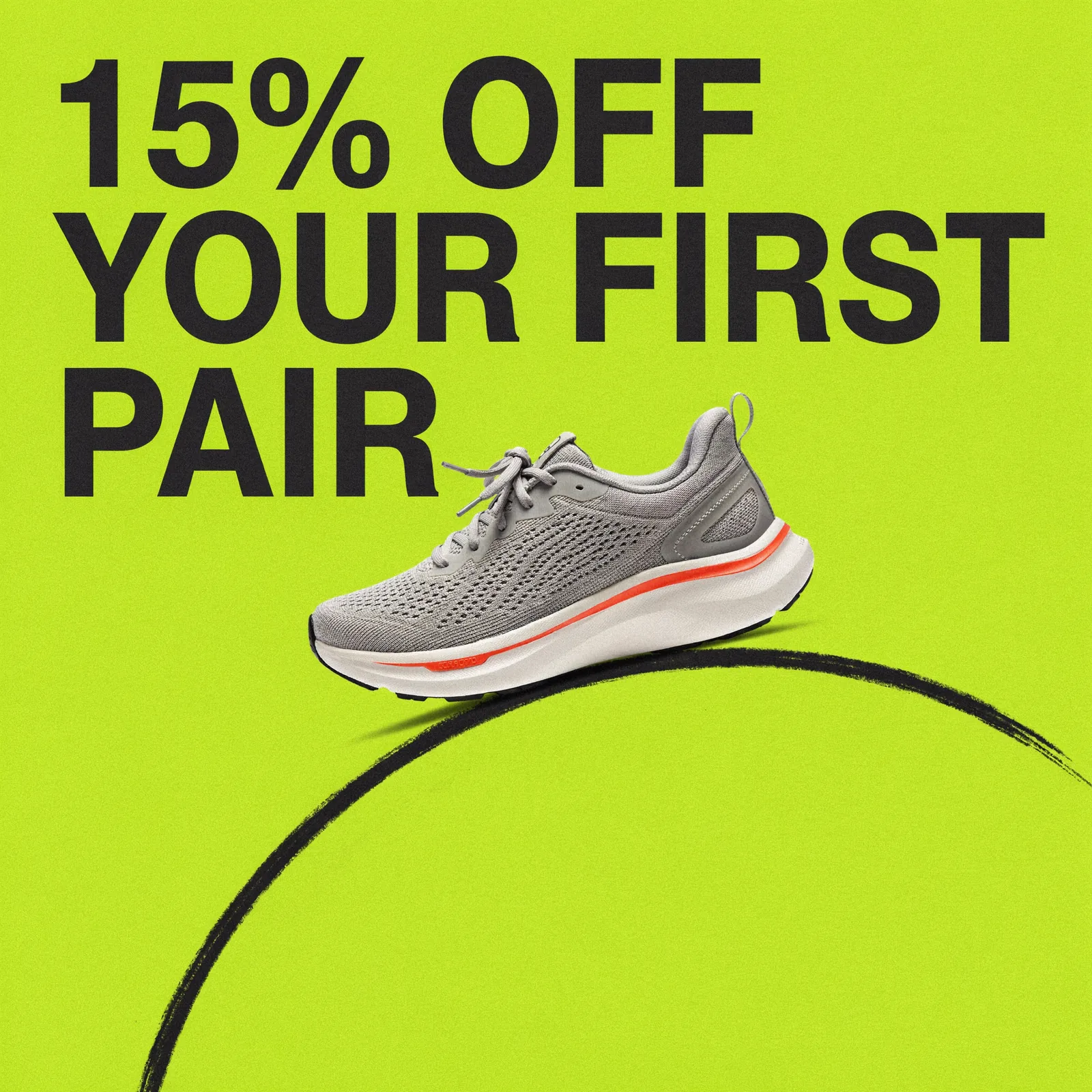Social post on lime: '15% off your first pair' with the shoe balanced on a painted curve