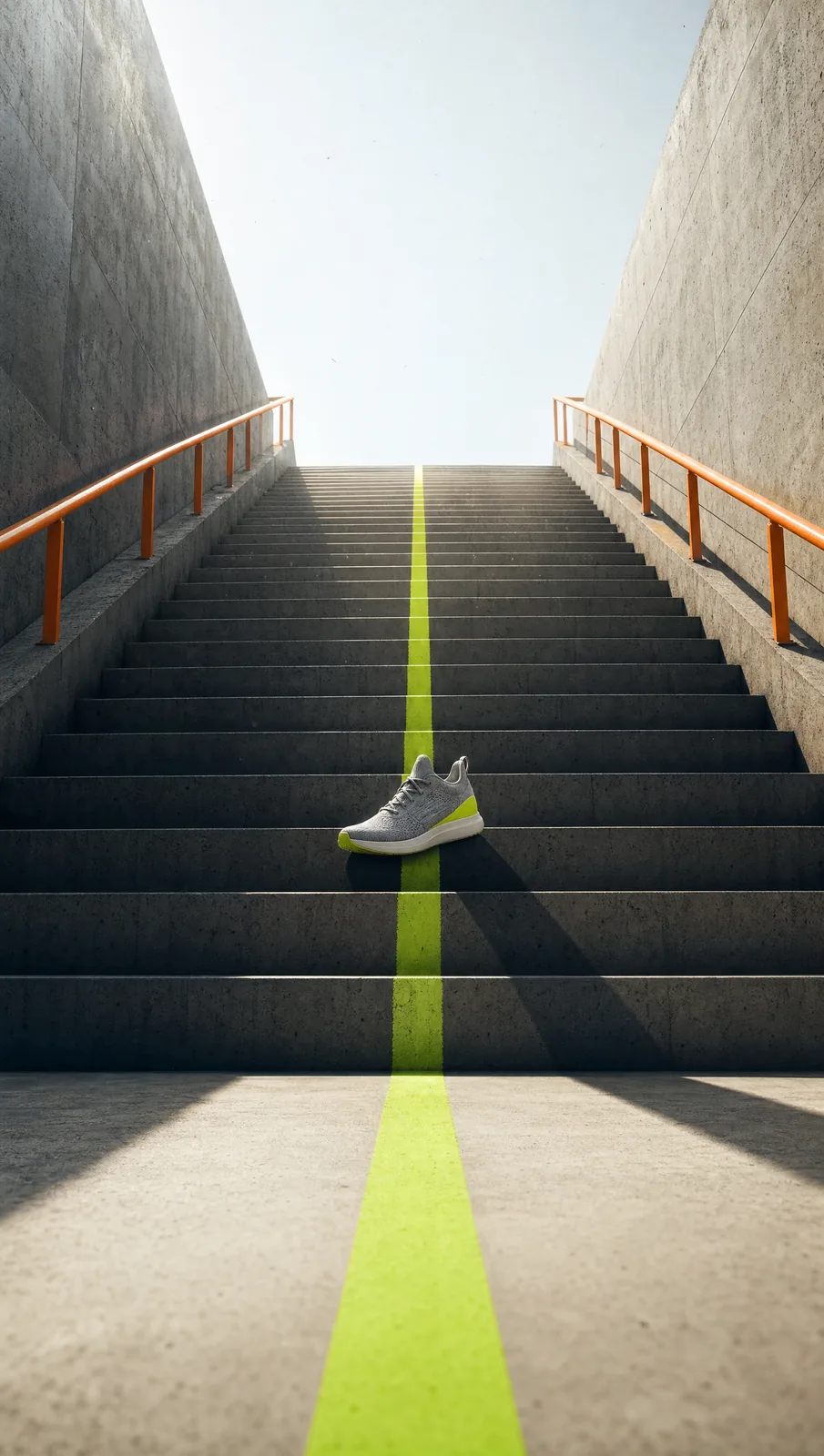 A long concrete stairwell with orange railings and a lime line running up the middle to a single shoe