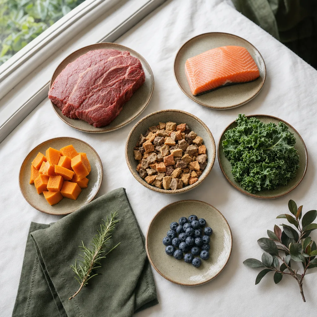 Raw beef, salmon, diced pumpkin, kale and blueberries on small plates beside a dish of air-dried pieces