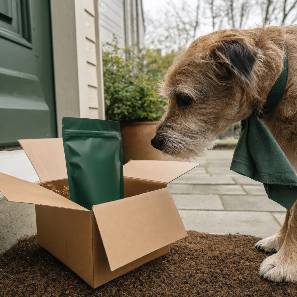A scruffy dog in a green bandana inspecting a delivery box with a forest-green pouch on the doorstep