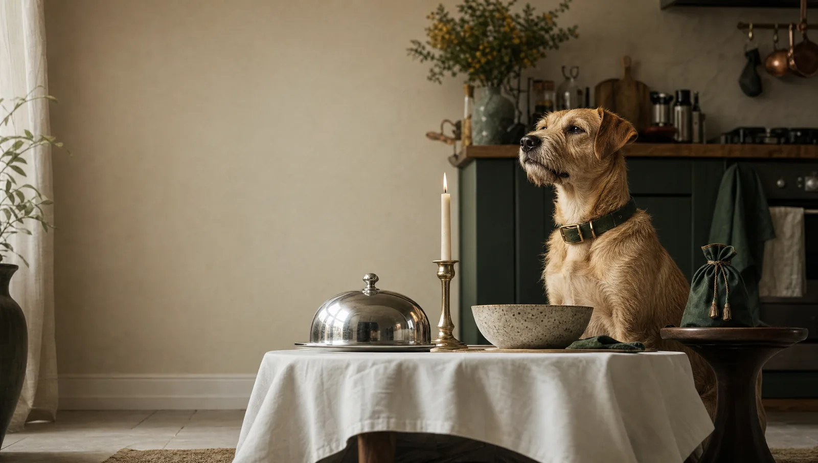 A tan dog sitting upright beside a small white-clothed table set with a silver cloche, a bowl and a candle