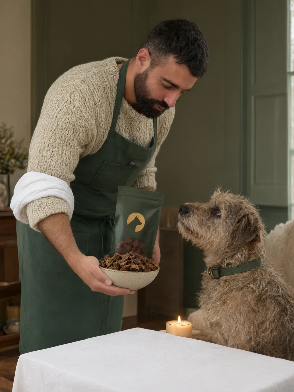The owner in his apron bending to serve a bowl to a scruffy grey dog beside a candlelit table
