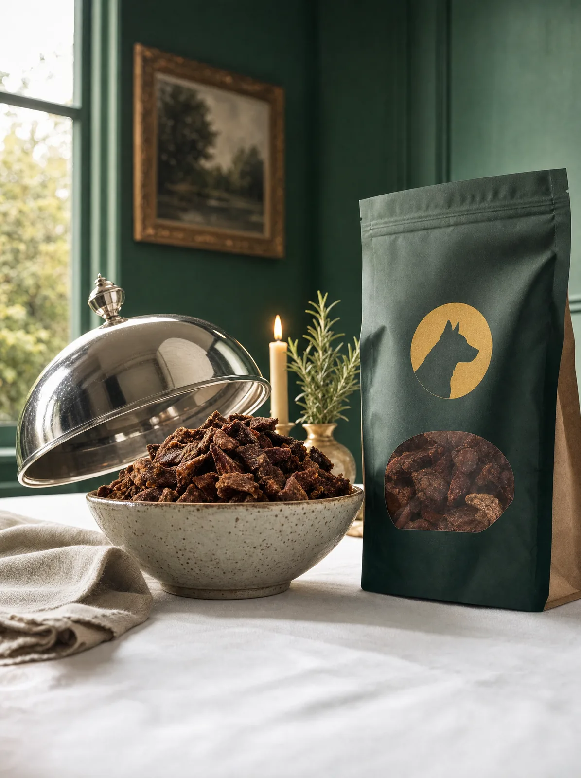 A matte forest-green pouch with a mustard dog-silhouette badge beside a speckled bowl heaped with chunky air-dried pieces and a lifted silver cloche