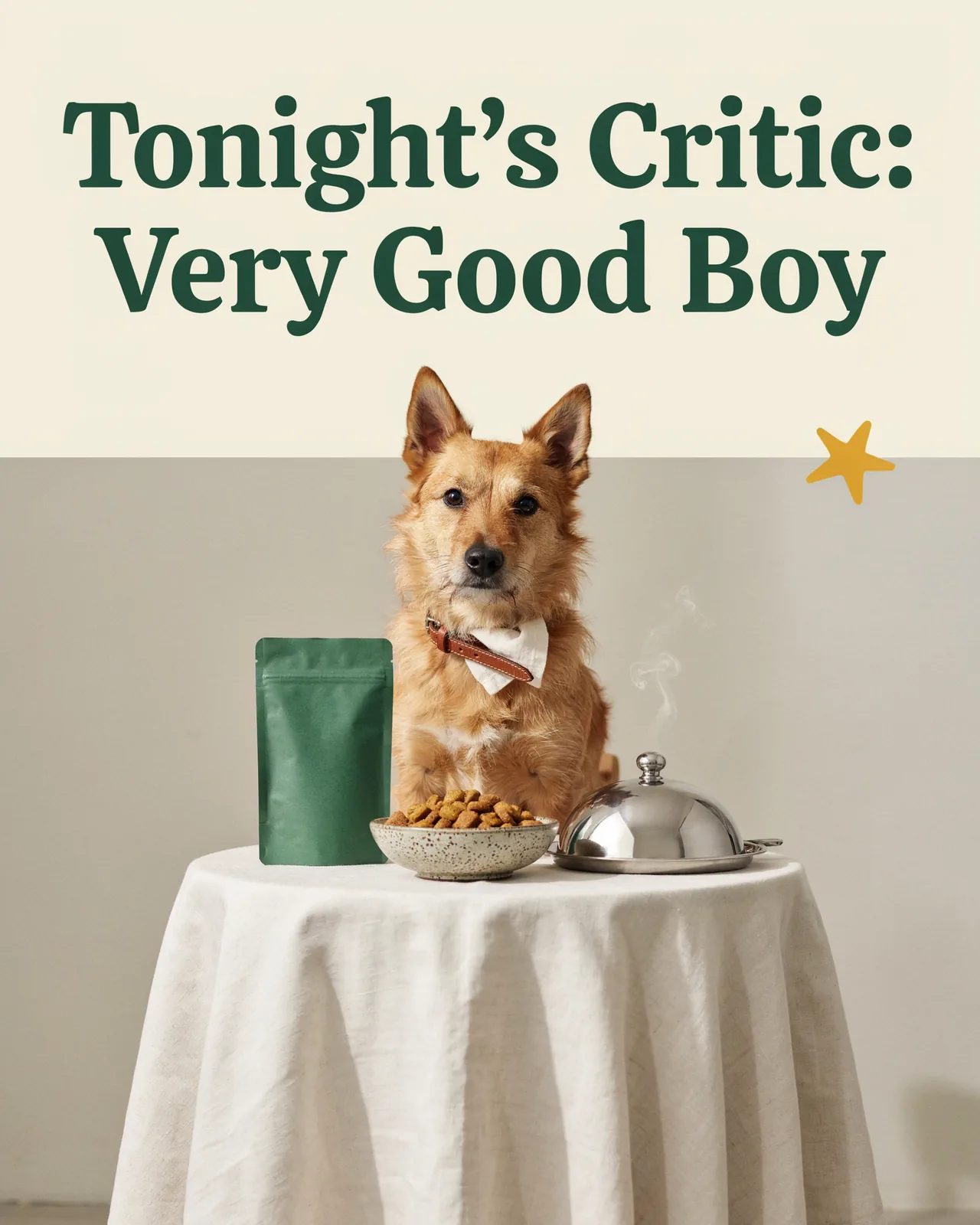 Social post: Tonight's critic: very good boy, a dog in a napkin at a tiny table set with a pouch and cloche