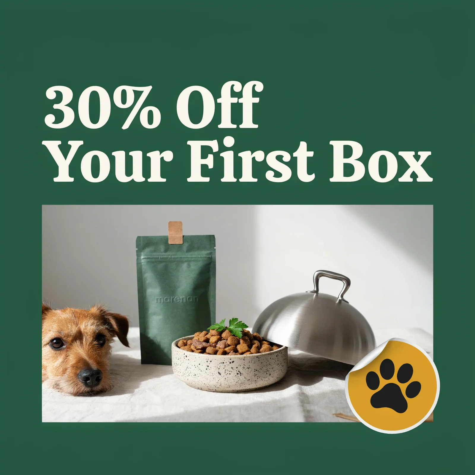 Social post: 30% off your first box, with the pouch, a bowl and a silver cloche