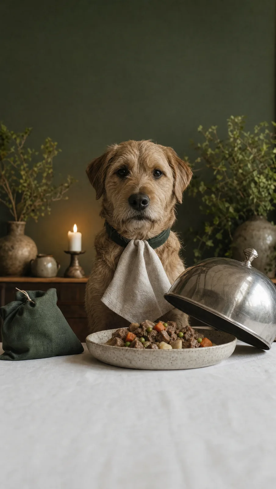 A tan dog with a napkin tucked in its collar, seated at a white tablecloth before a lifted silver cloche