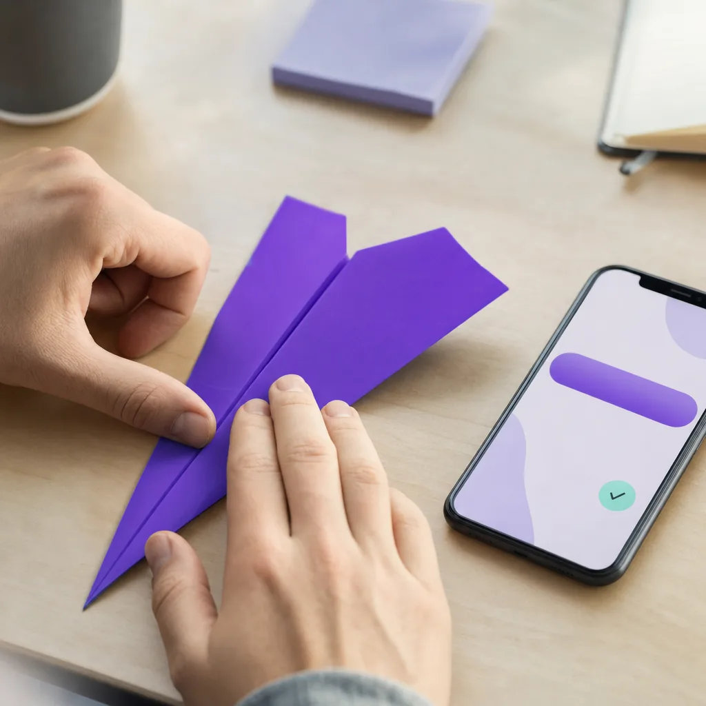 Hands folding a violet paper airplane on a birch desk beside a phone showing an abstract send screen