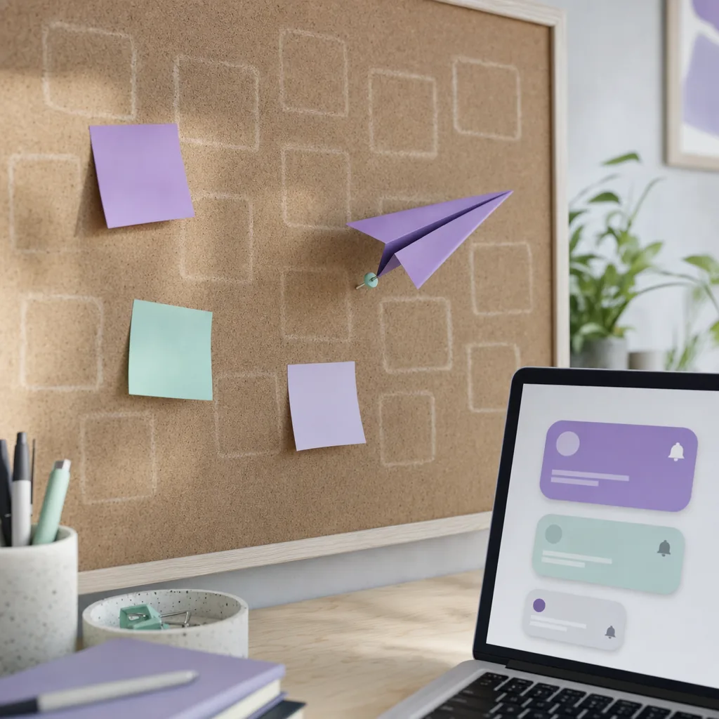 A corkboard with only a few sticky notes left and a violet paper plane pinned to it, laptop showing reminder cards