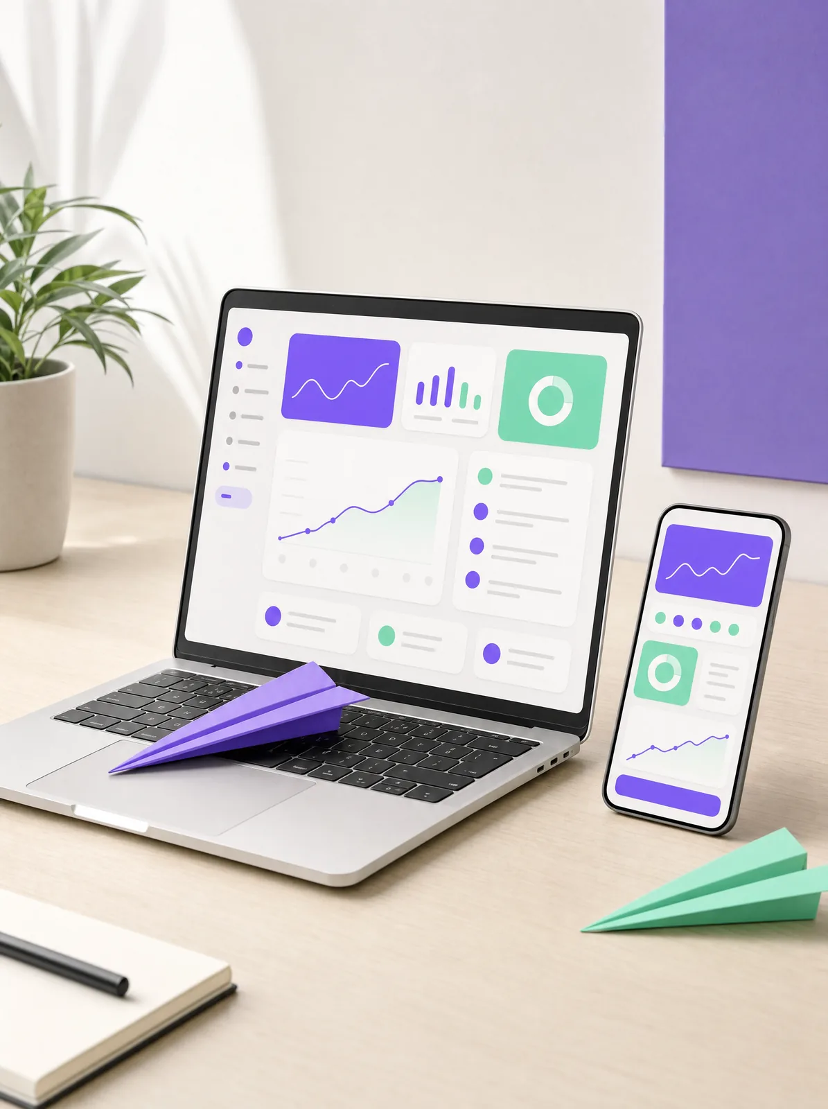 A laptop and phone on a birch desk showing an abstract violet and mint dashboard, a violet paper plane on the keyboard