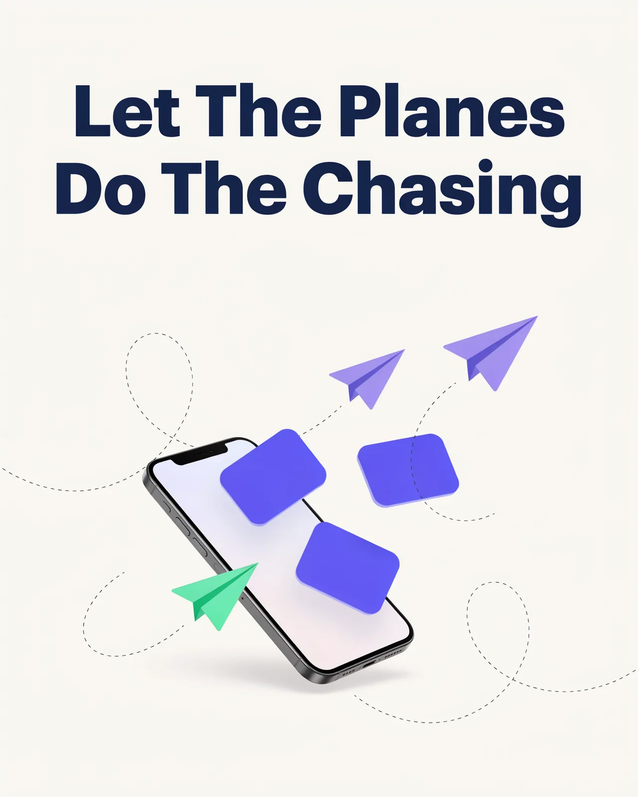 Social post: 'Let The Planes Do The Chasing' above a phone with violet cards and paper planes flying out