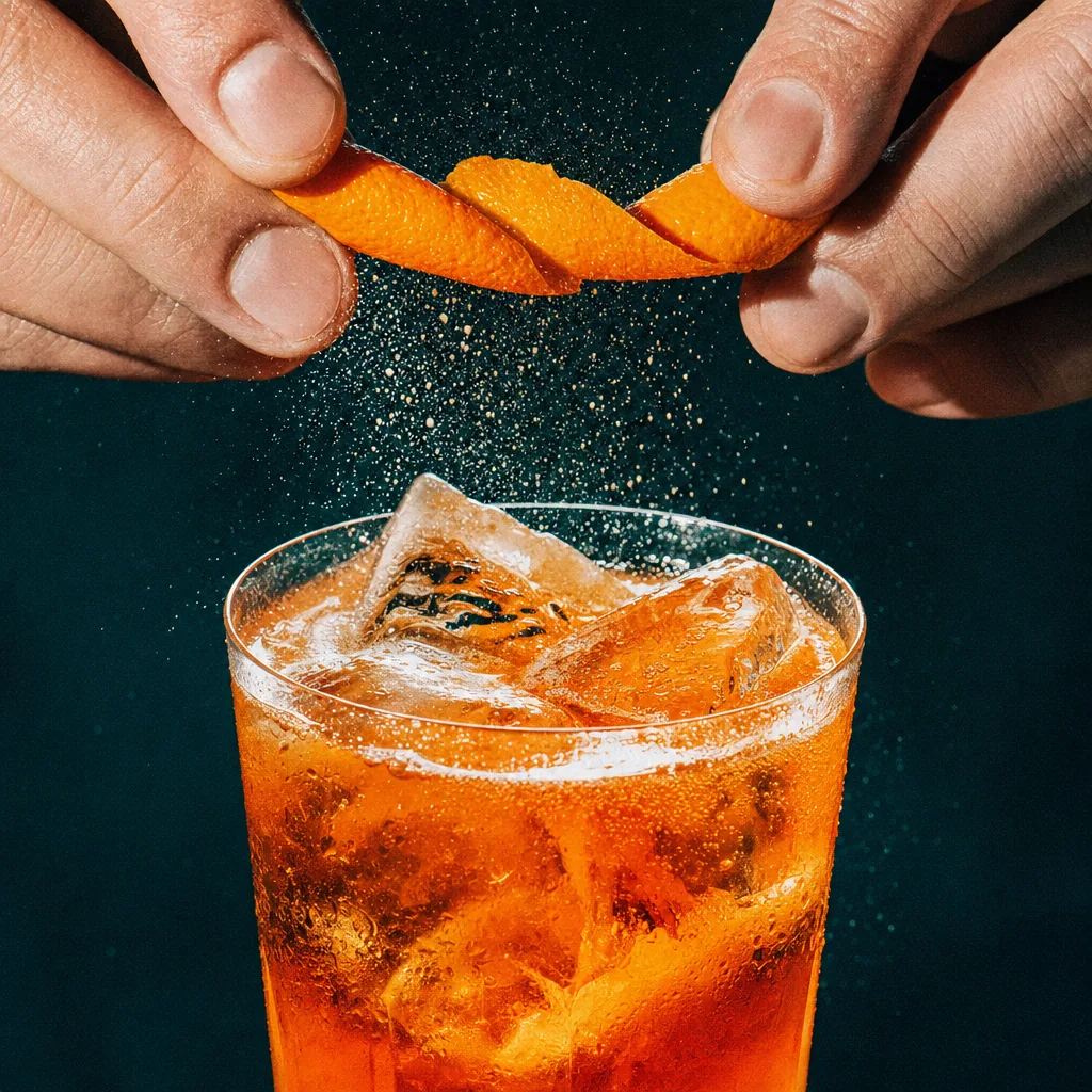 Fingers twisting a strip of orange peel over a sparkling orange aperitivo on ice