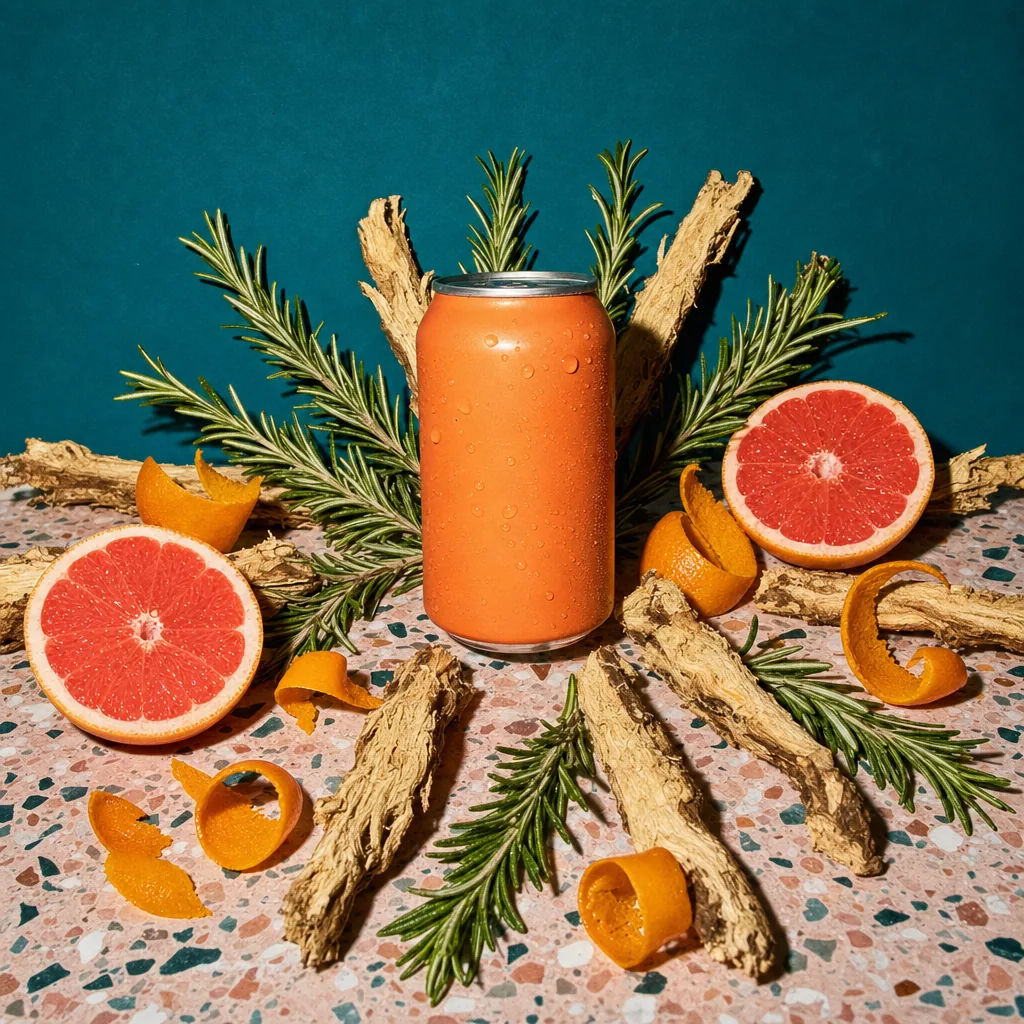 A tangerine can ringed by rosemary, gentian root, pink grapefruit and orange peel on pink terrazzo