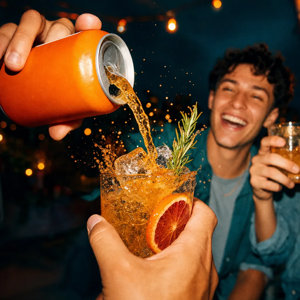 A can pouring into a glass of ice, rosemary and blood orange while a laughing friend raises his glass