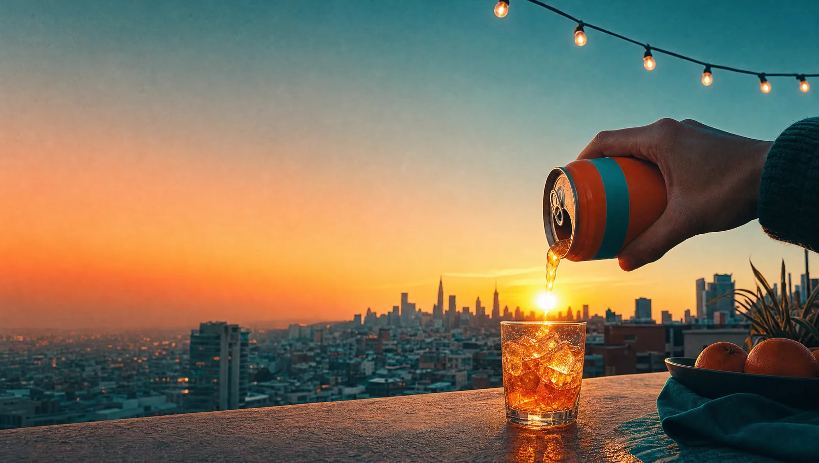 A hand tilting a tangerine can over a glass of ice so the setting sun seems to pour in, above a city skyline