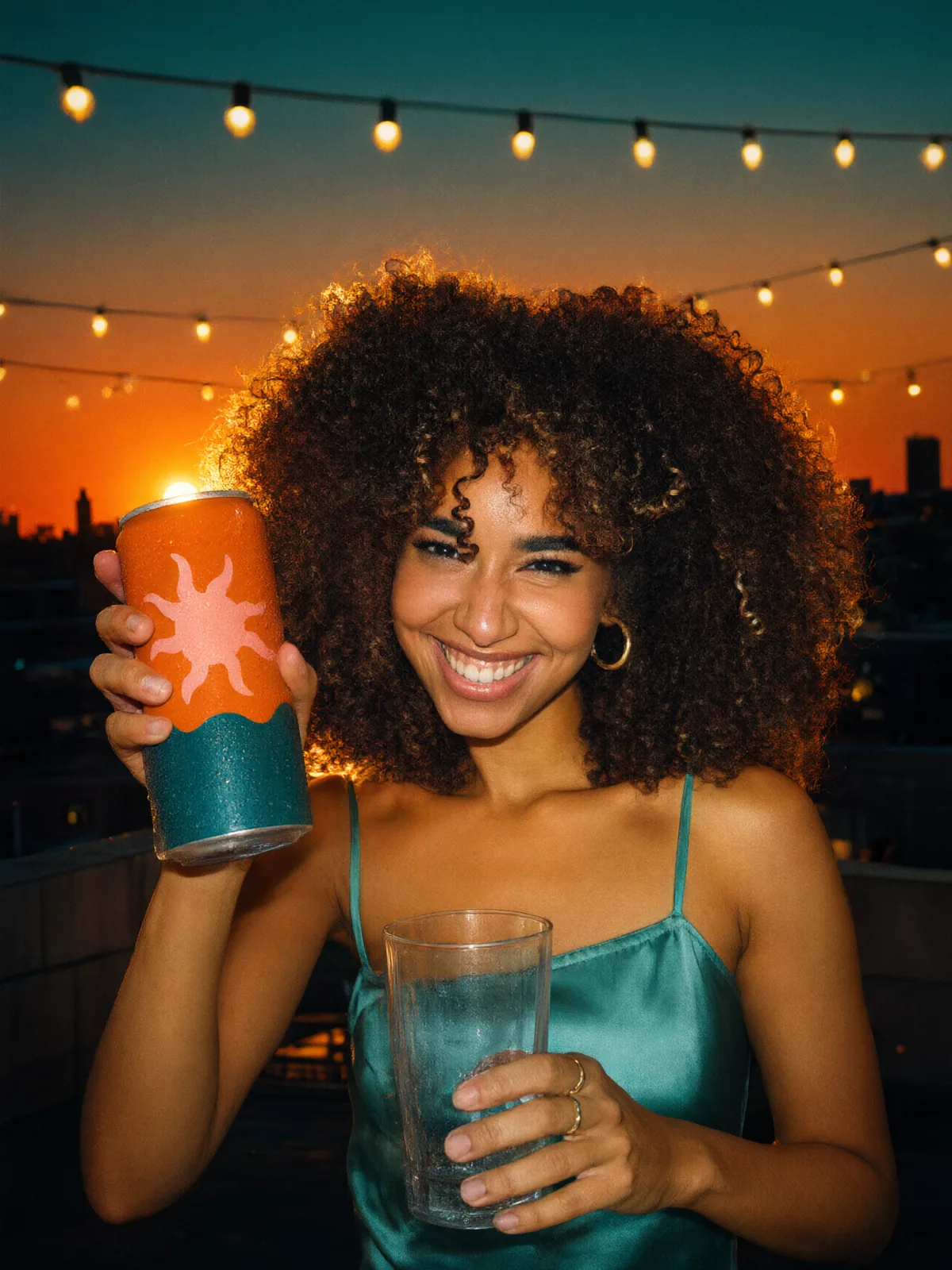 A young woman with curly hair raising a tangerine can and a glass on a rooftop at dusk under string lights