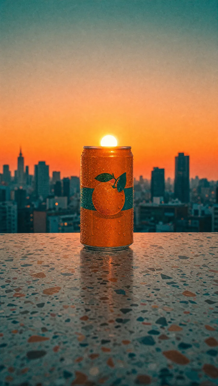 A tangerine can on a terrazzo table with the setting sun sitting right on its opening, city skyline behind