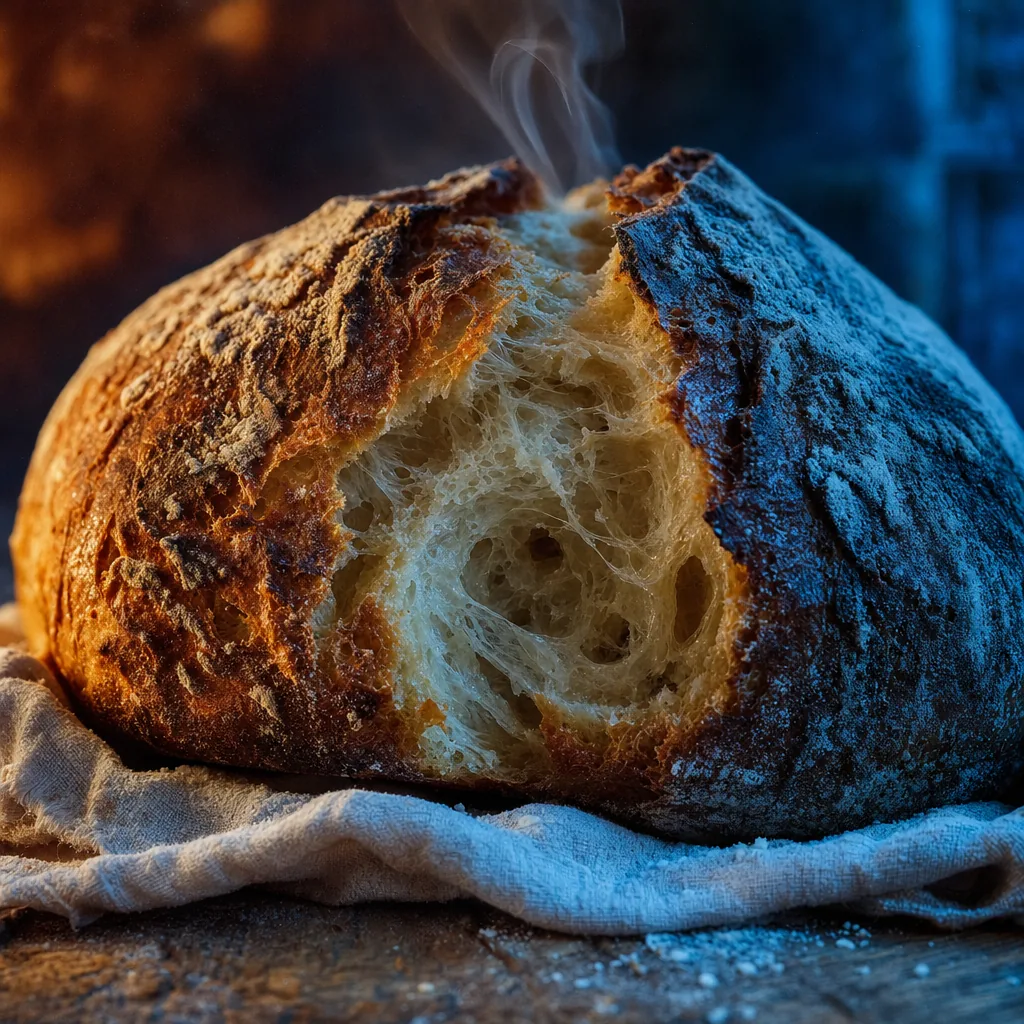 A torn loaf of crusty sourdough showing an open, tender crumb, lit by warm oven light