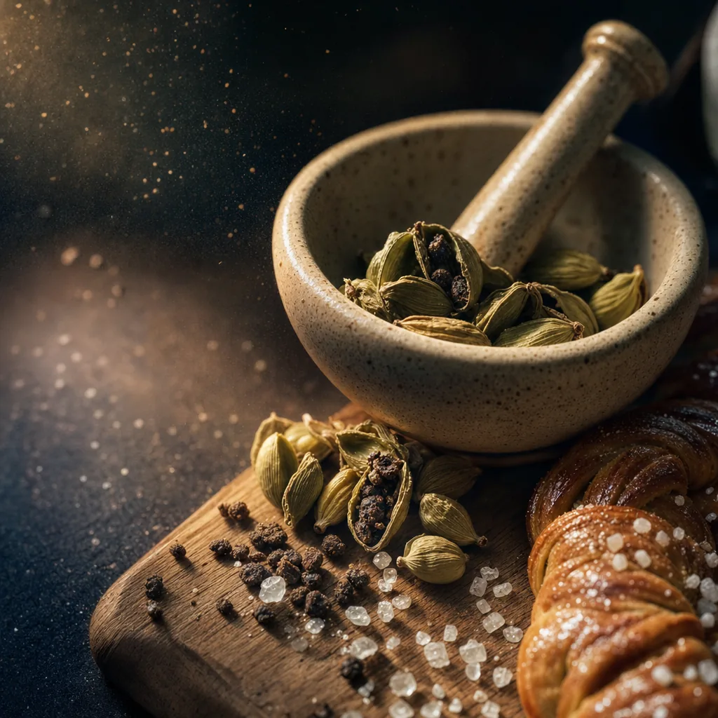 Green cardamom pods cracked in a stoneware mortar beside a glazed knot and pearl sugar