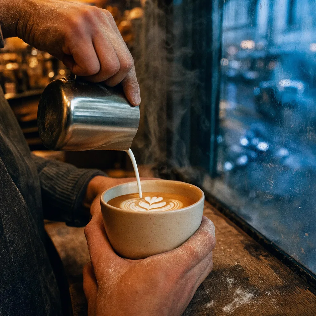 Milk poured by hand into a cream cup of flat white, a blue rainy street behind the window