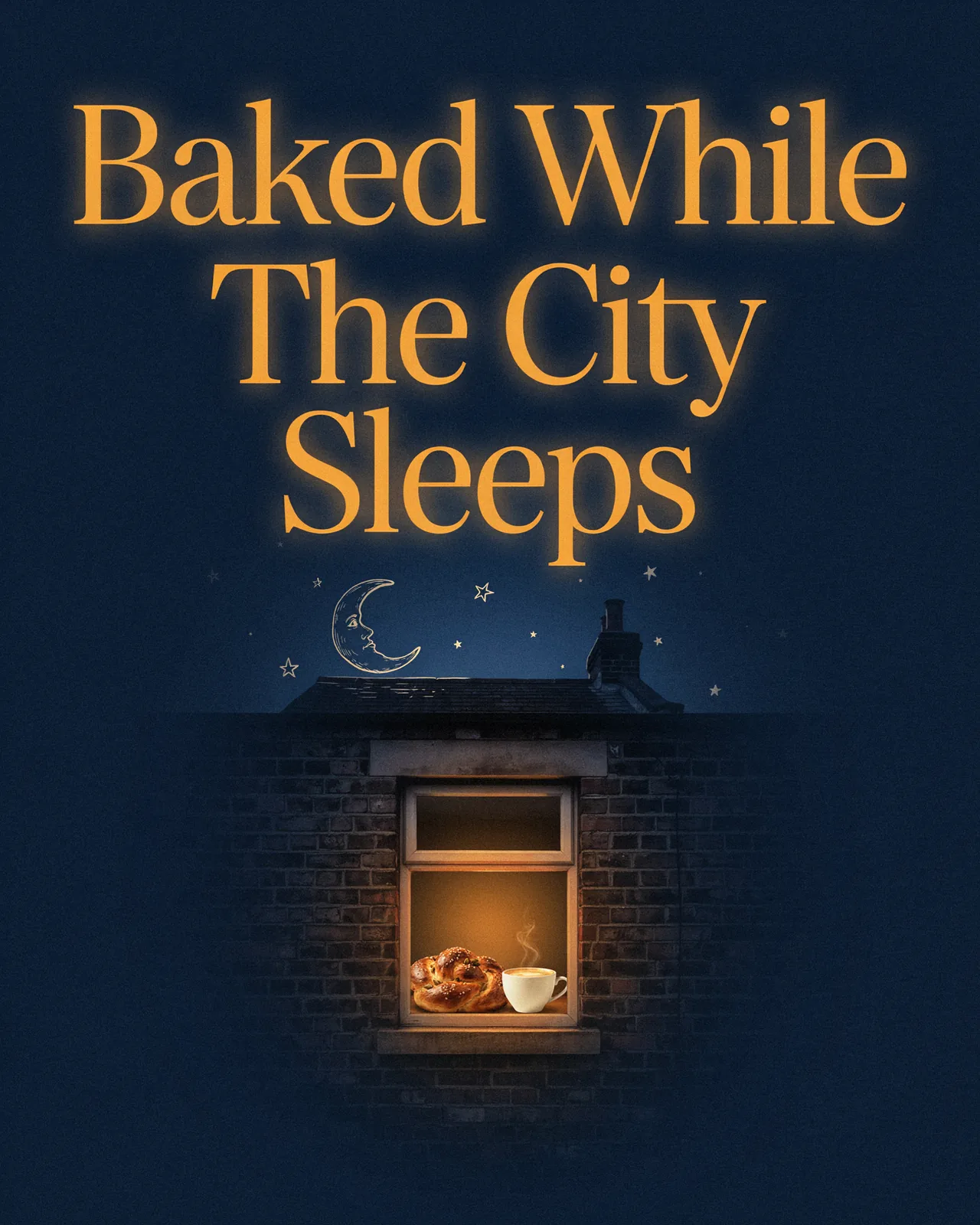 Social post: 'Baked While The City Sleeps' over a single amber bakery window at night