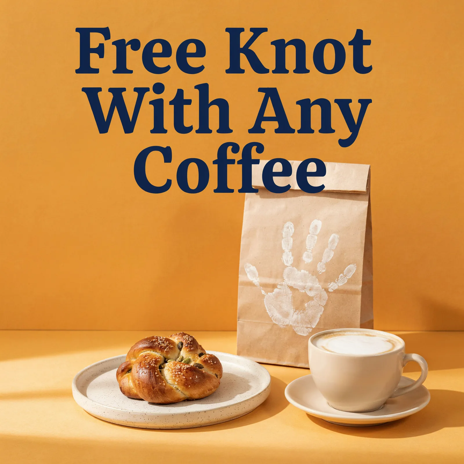 Social post on amber: 'Free Knot With Any Coffee' with a knot, a flat white and a handprint-stamped bag